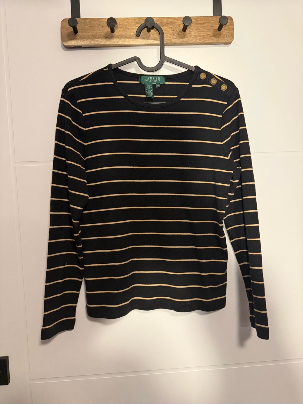 Ralph Lauren Black and Tan Striped Button-Shoulder Sweater